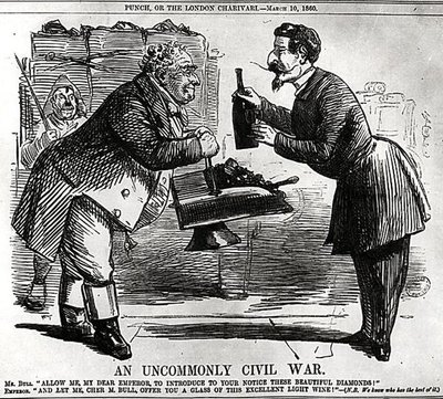 Een ongewoon burgeroorlog, uit Punch, of de London Charivari, 10 maart 1860 door English School